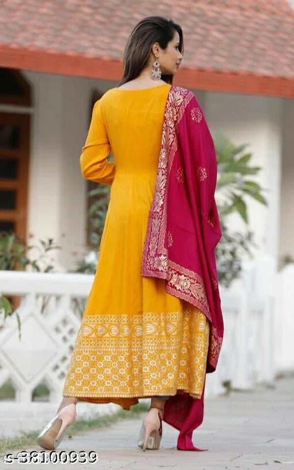 Women's cotton Yellow Mustard Color Anarkali Kurti with Banarasi Dupatta