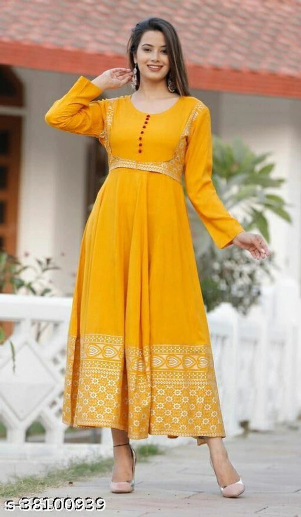 Women's cotton Yellow Mustard Color Anarkali Kurti with Banarasi Dupatta
