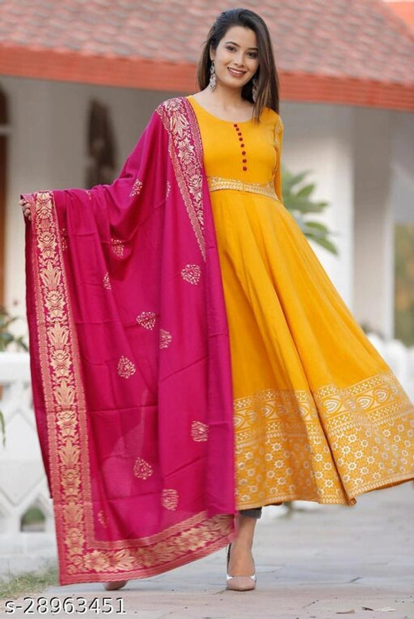Women's cotton Yellow Mustard Color Anarkali Kurti with Banarasi Dupatta