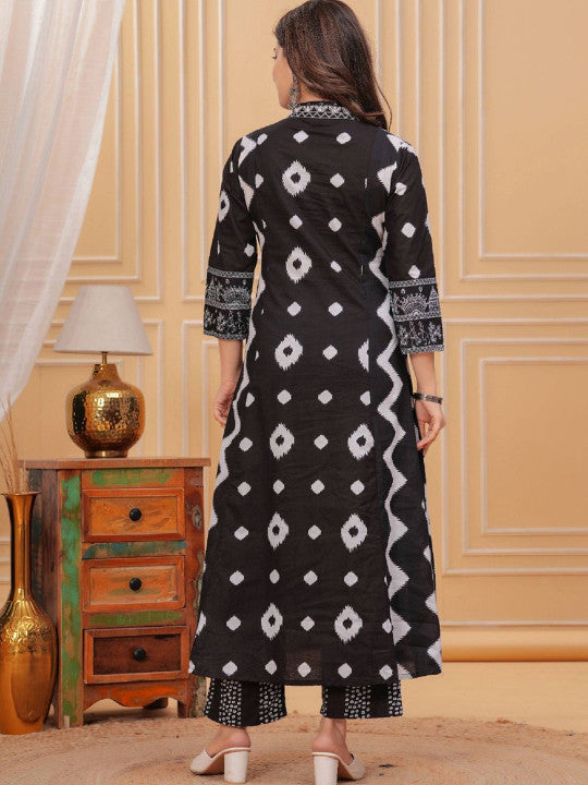 Geometric Printed Notch Neck Pleated A-Line Kurta With Trouser And Dupatta