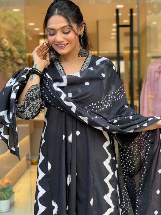 Geometric Printed Notch Neck Pleated A-Line Kurta With Trouser And Dupatta