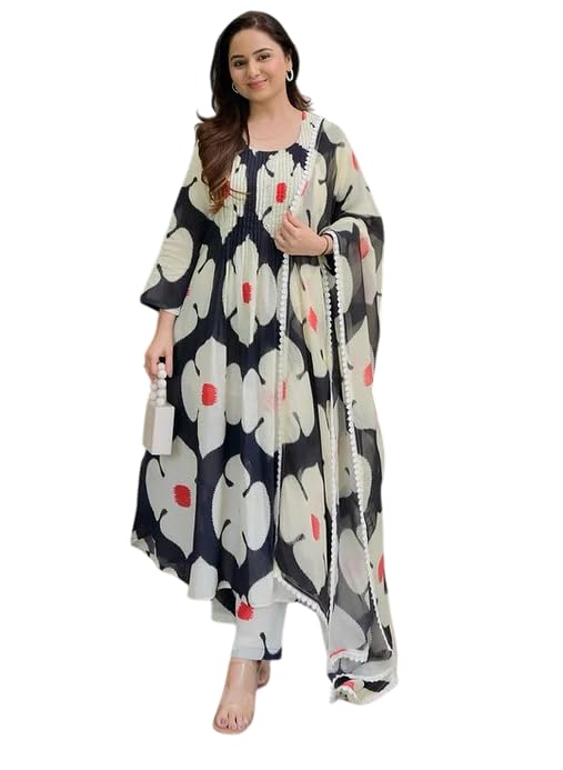 Women's Heavy cotton Floral Printed Round Neck Kurti with Pants and Dupatta Set(Black)