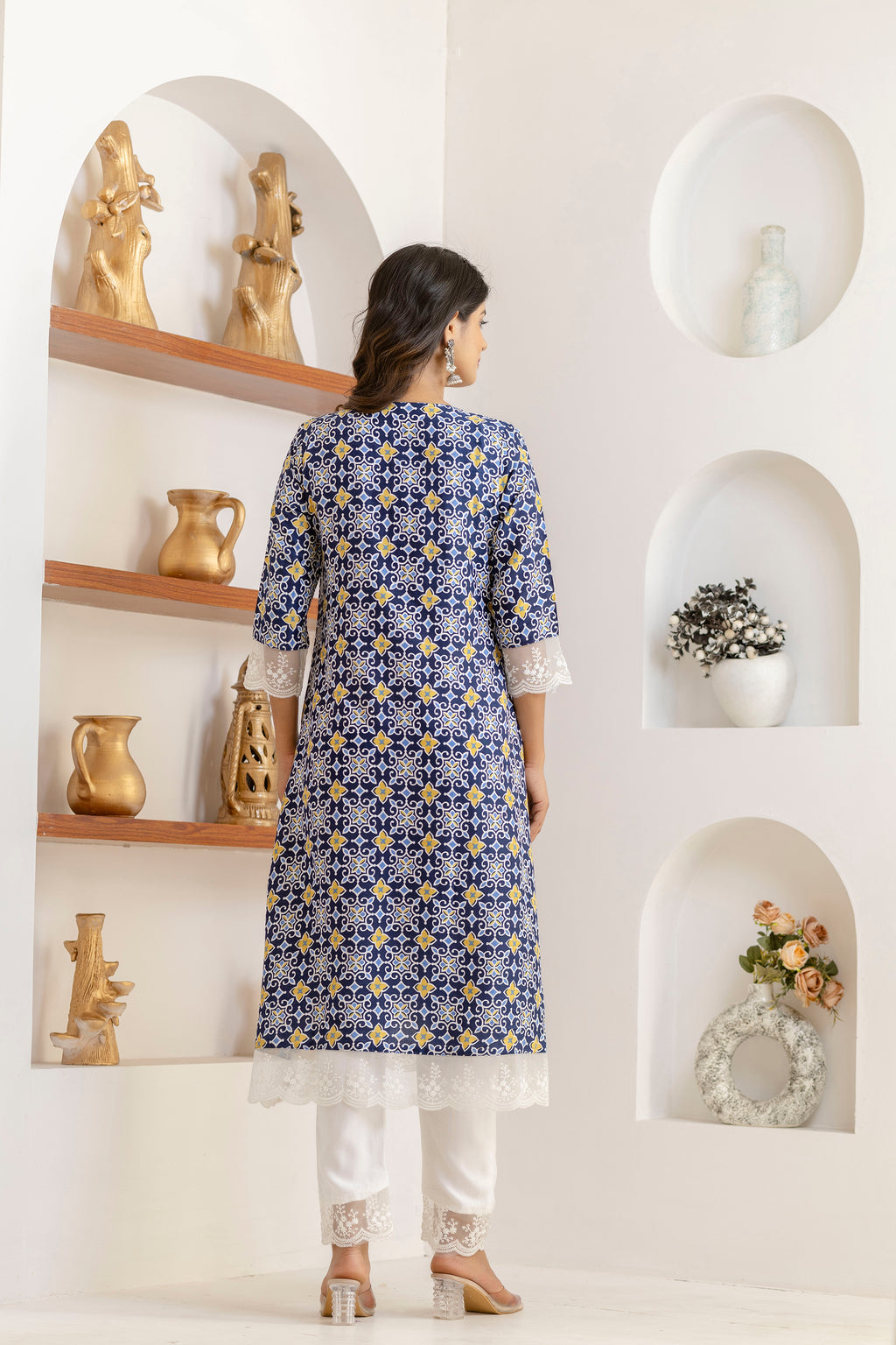 Blue Net Lace Premium cotton Printed Kurti Pant Dupatta Set
