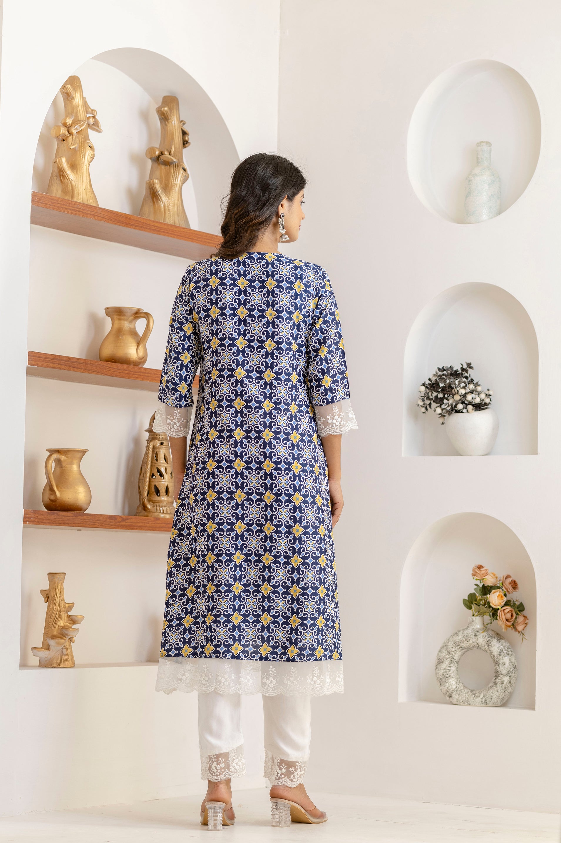 Blue Net Lace Premium cotton Printed Kurti Pant Dupatta Set