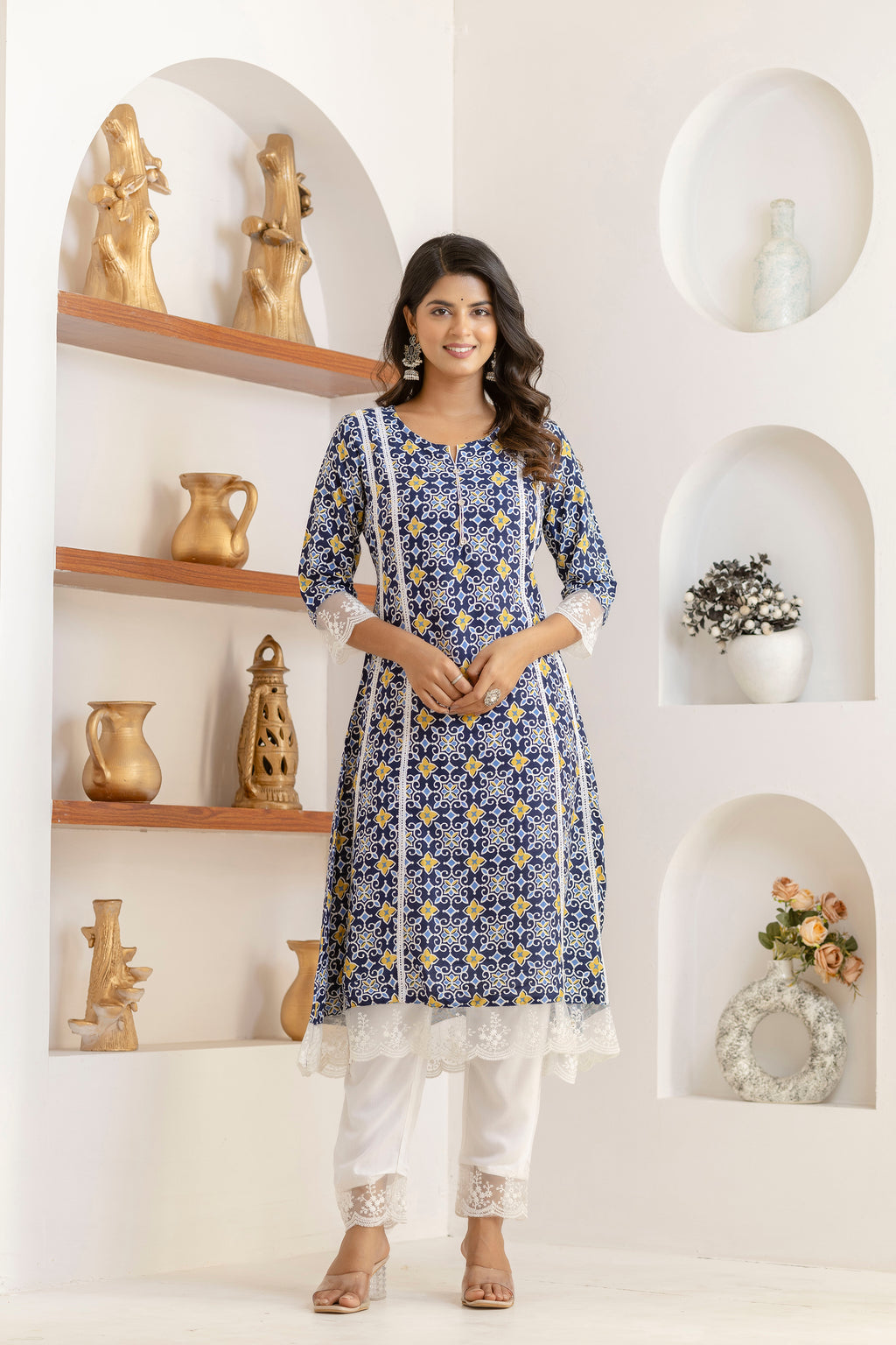 Blue Net Lace Premium cotton Printed Kurti Pant Dupatta Set
