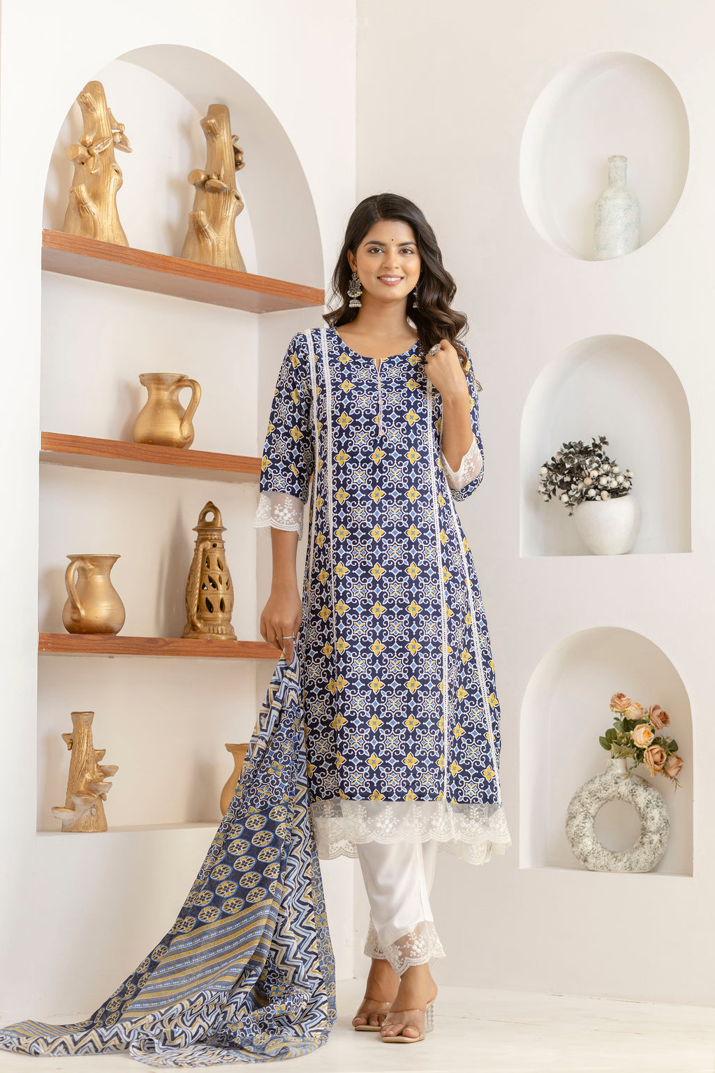 Blue Net Lace Premium cotton Printed Kurti Pant Dupatta Set