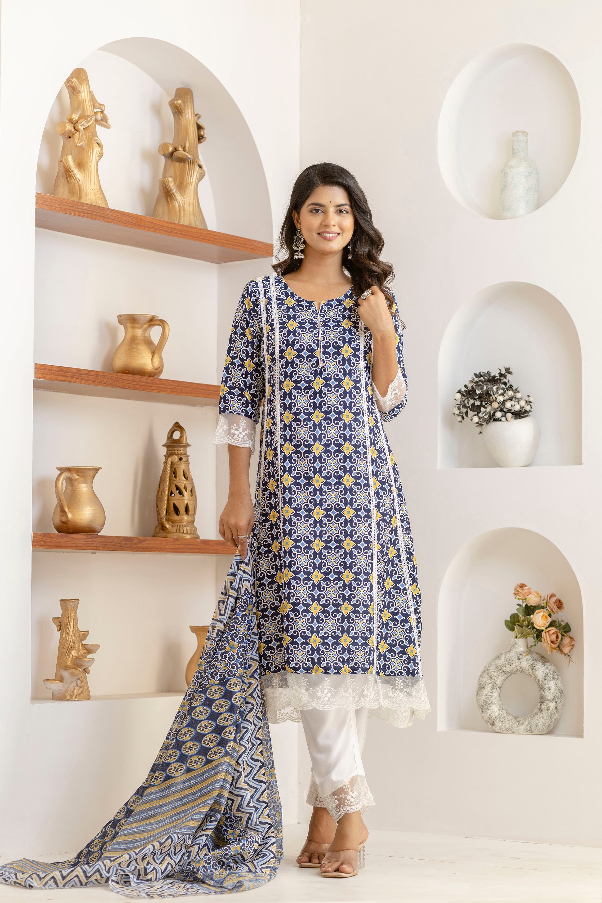 Blue Net Lace Premium cotton Printed Kurti Pant Dupatta Set