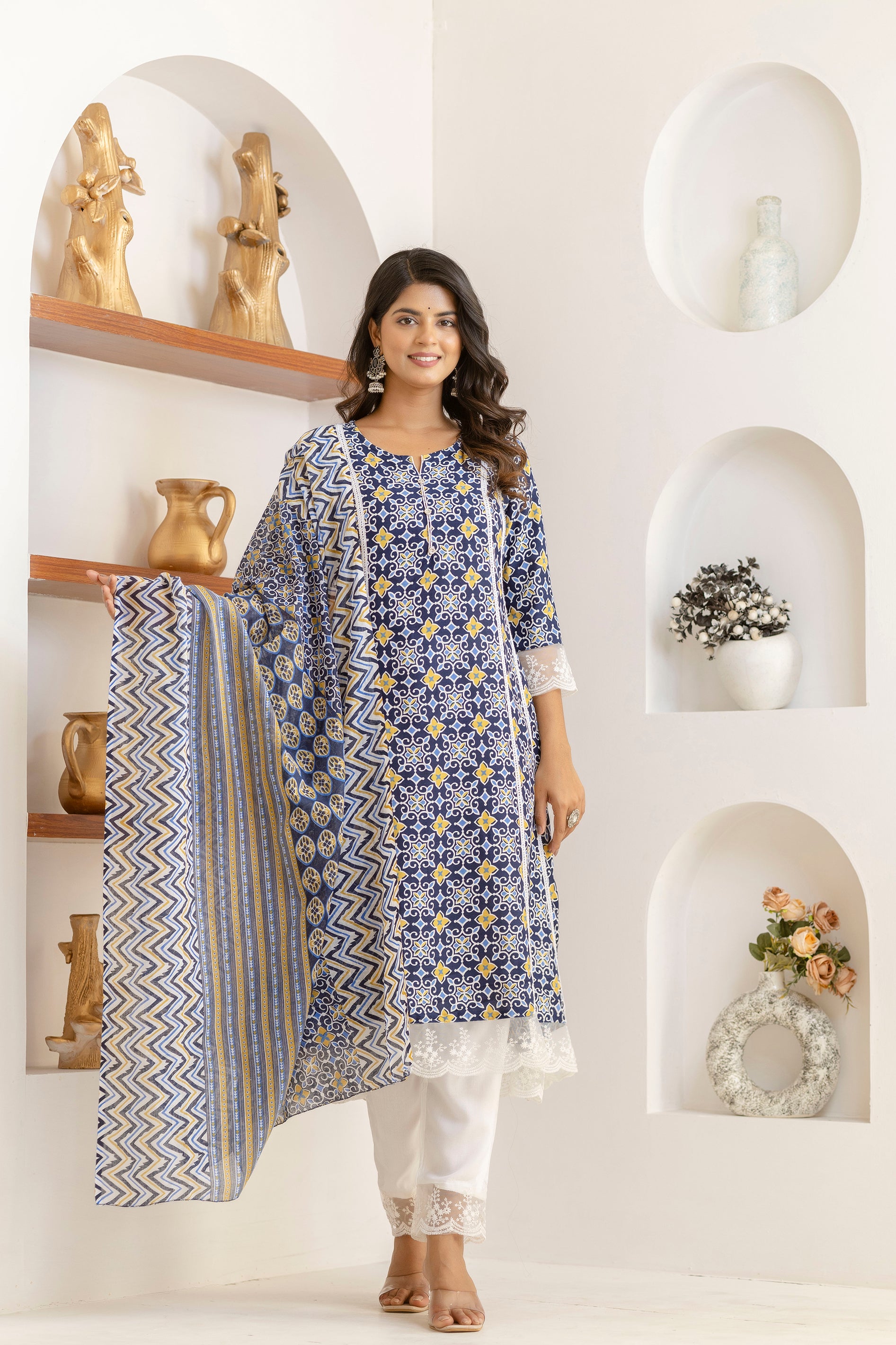Blue Net Lace Premium cotton Printed Kurti Pant Dupatta Set