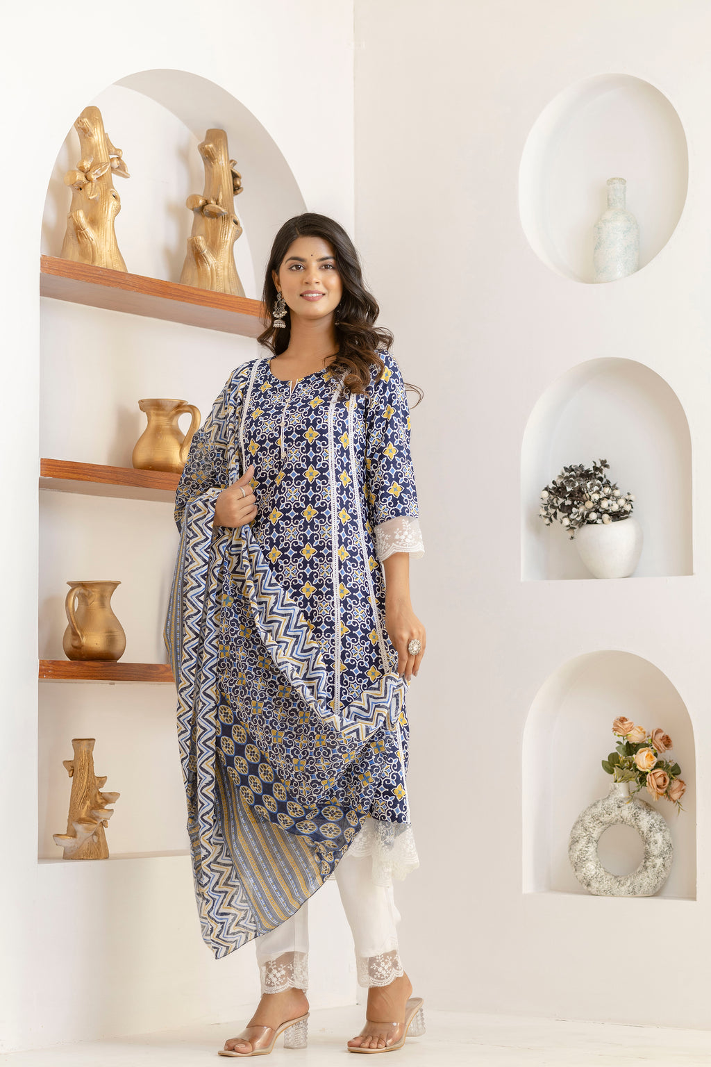 Blue Net Lace Premium cotton Printed Kurti Pant Dupatta Set
