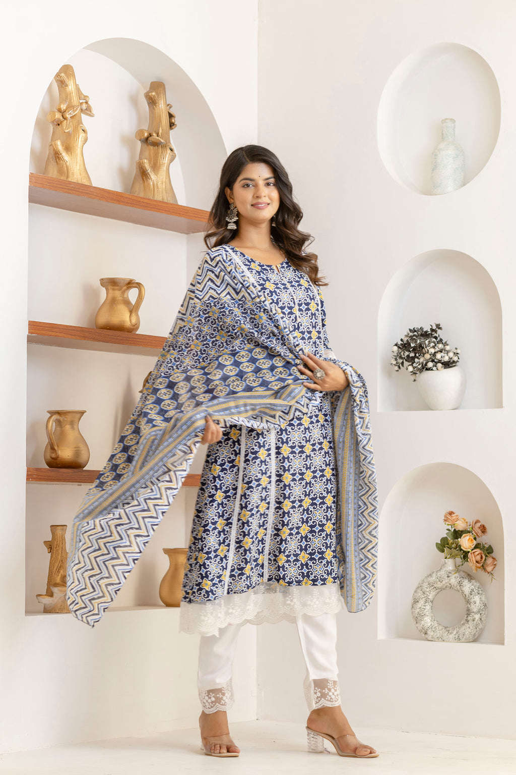 Blue Net Lace Premium cotton Printed Kurti Pant Dupatta Set