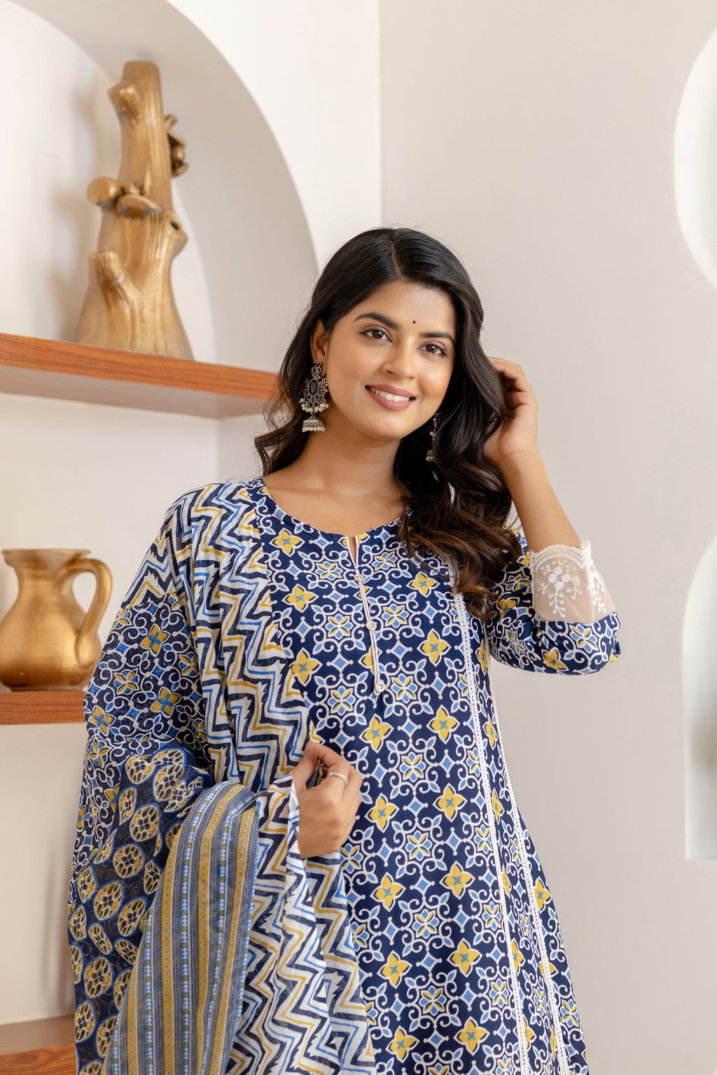 Blue Net Lace Premium cotton Printed Kurti Pant Dupatta Set