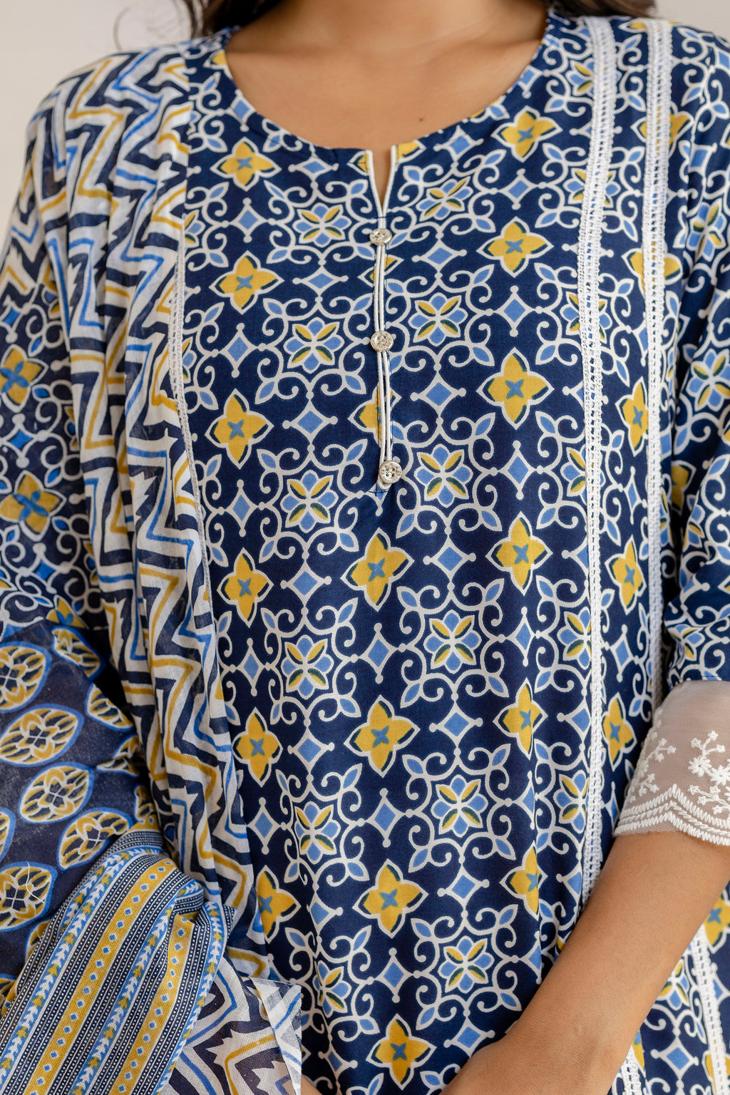 Blue Net Lace Premium cotton Printed Kurti Pant Dupatta Set