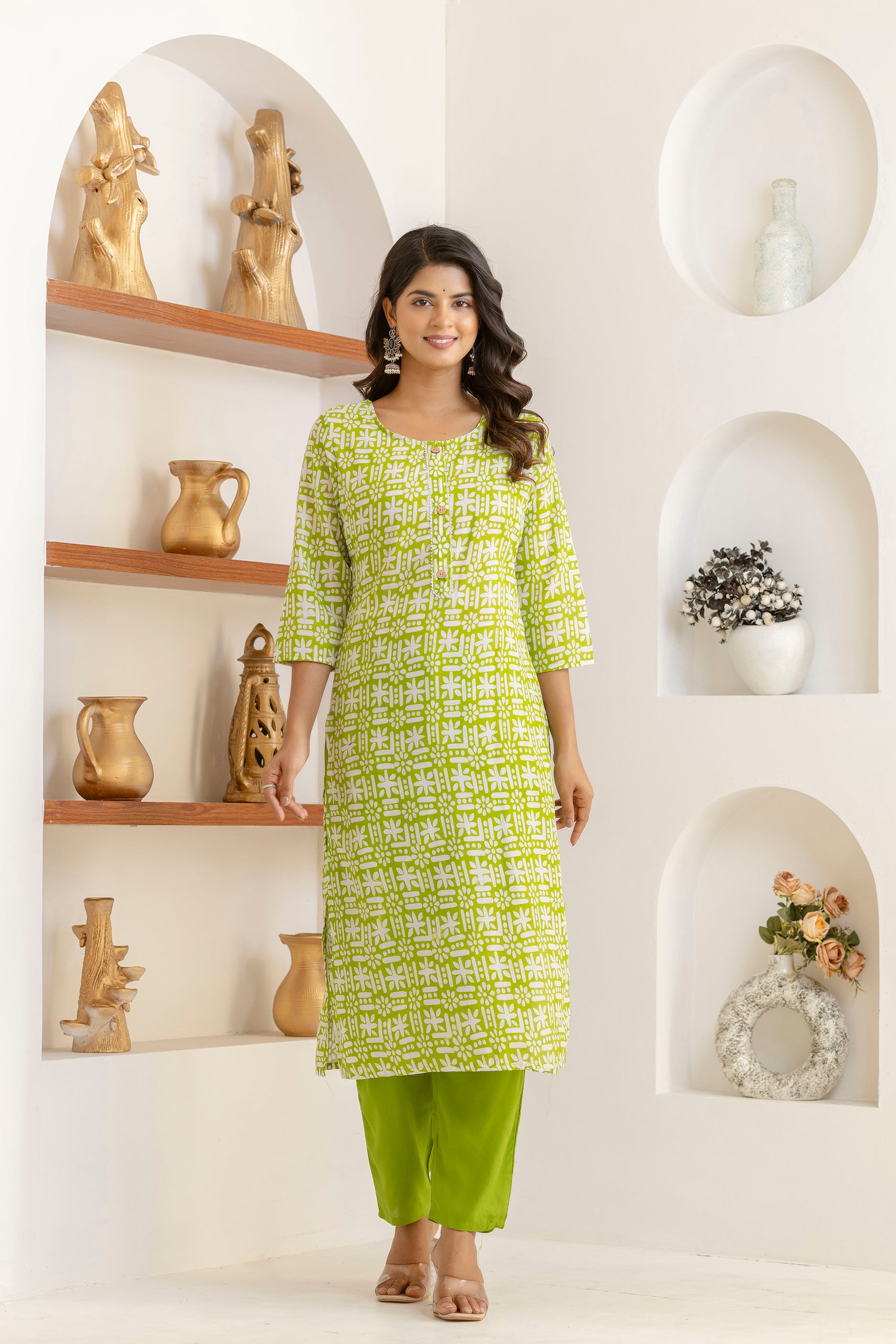 Light Green Tie Premium cotton Printed Kurti Pant Dupatta Set