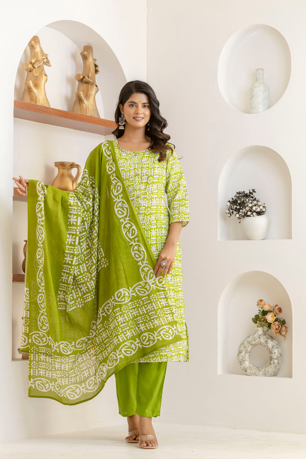 Light Green Tie Premium cotton Printed Kurti Pant Dupatta Set
