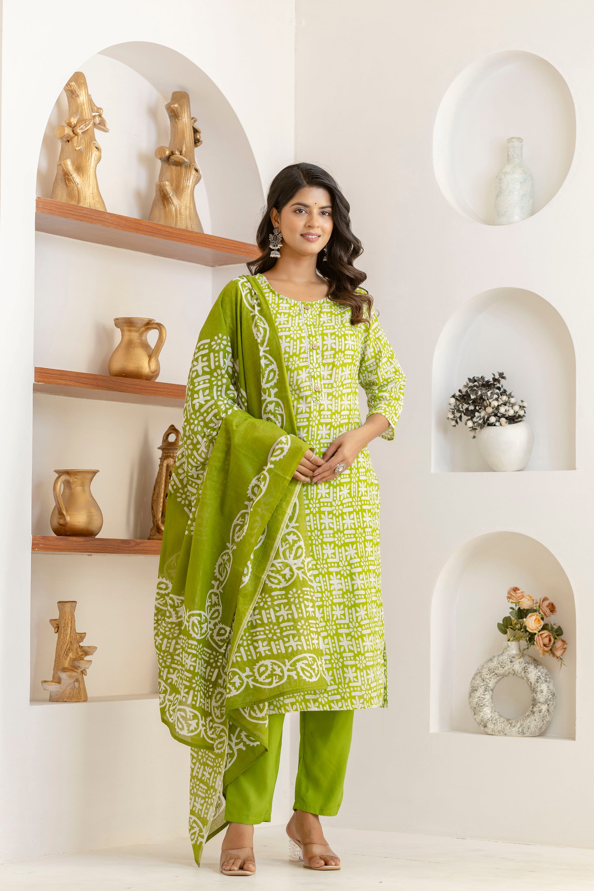 Light Green Tie Premium cotton Printed Kurti Pant Dupatta Set