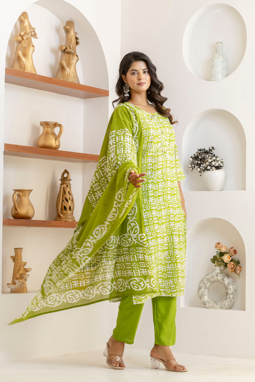 Light Green Tie Premium cotton Printed Kurti Pant Dupatta Set
