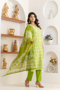 Light Green Tie Premium cotton Printed Kurti Pant Dupatta Set