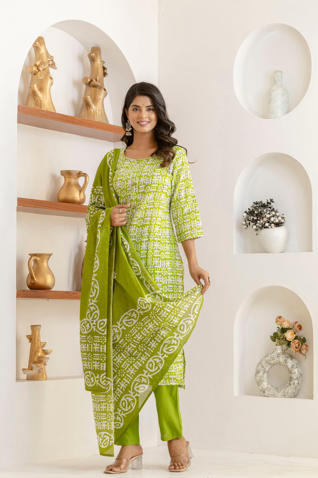 Light Green Tie Premium cotton Printed Kurti Pant Dupatta Set