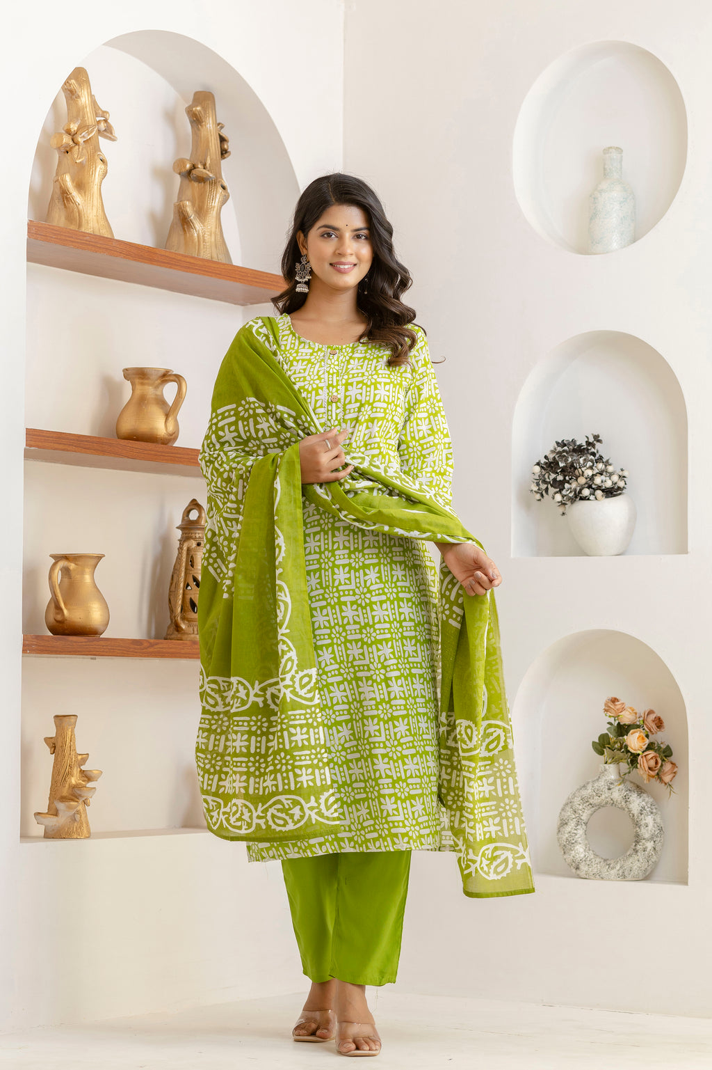 Light Green Tie Premium cotton Printed Kurti Pant Dupatta Set
