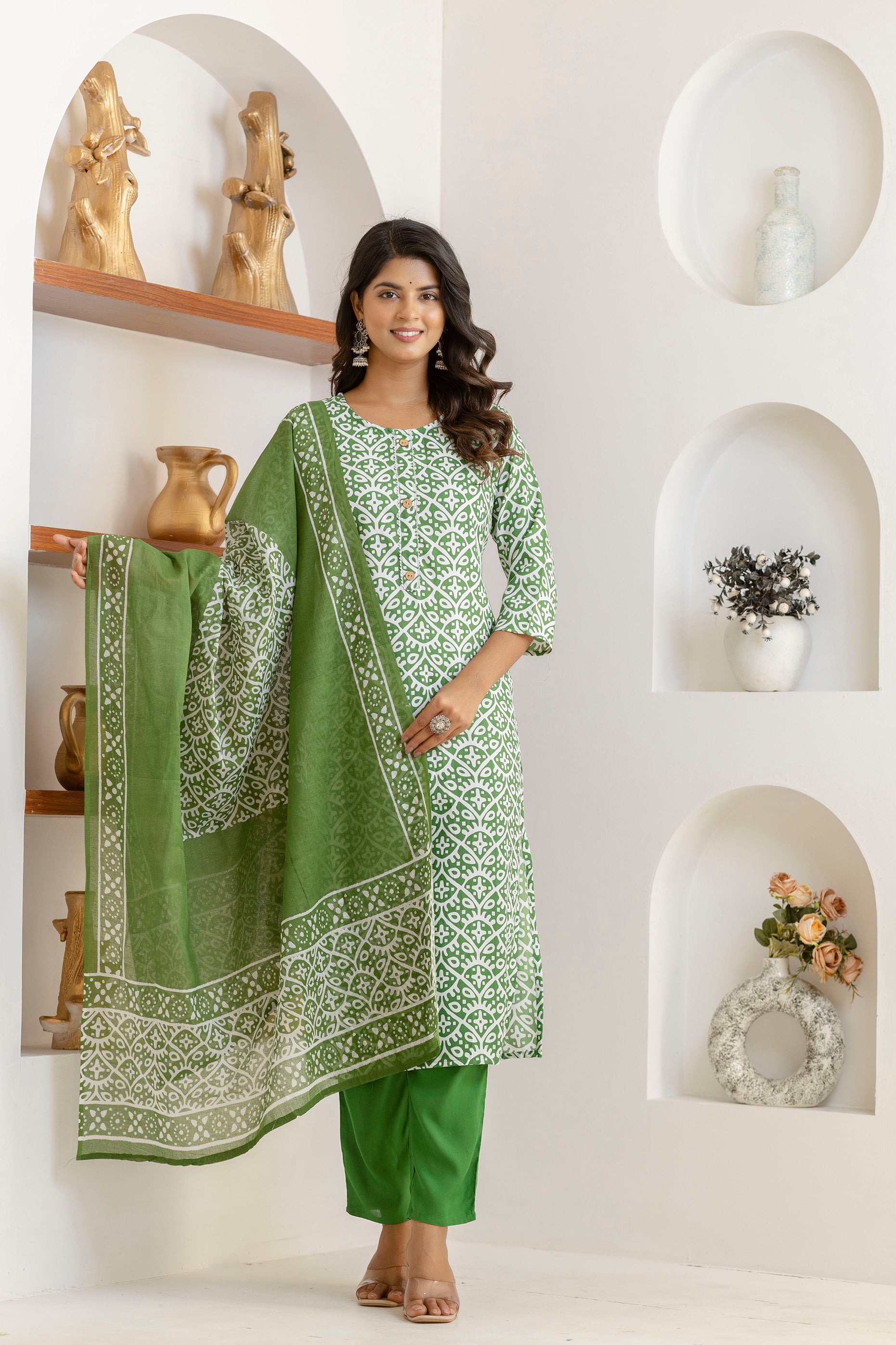 Green Tie Premium cotton Printed Kurti Pant Dupatta Set
