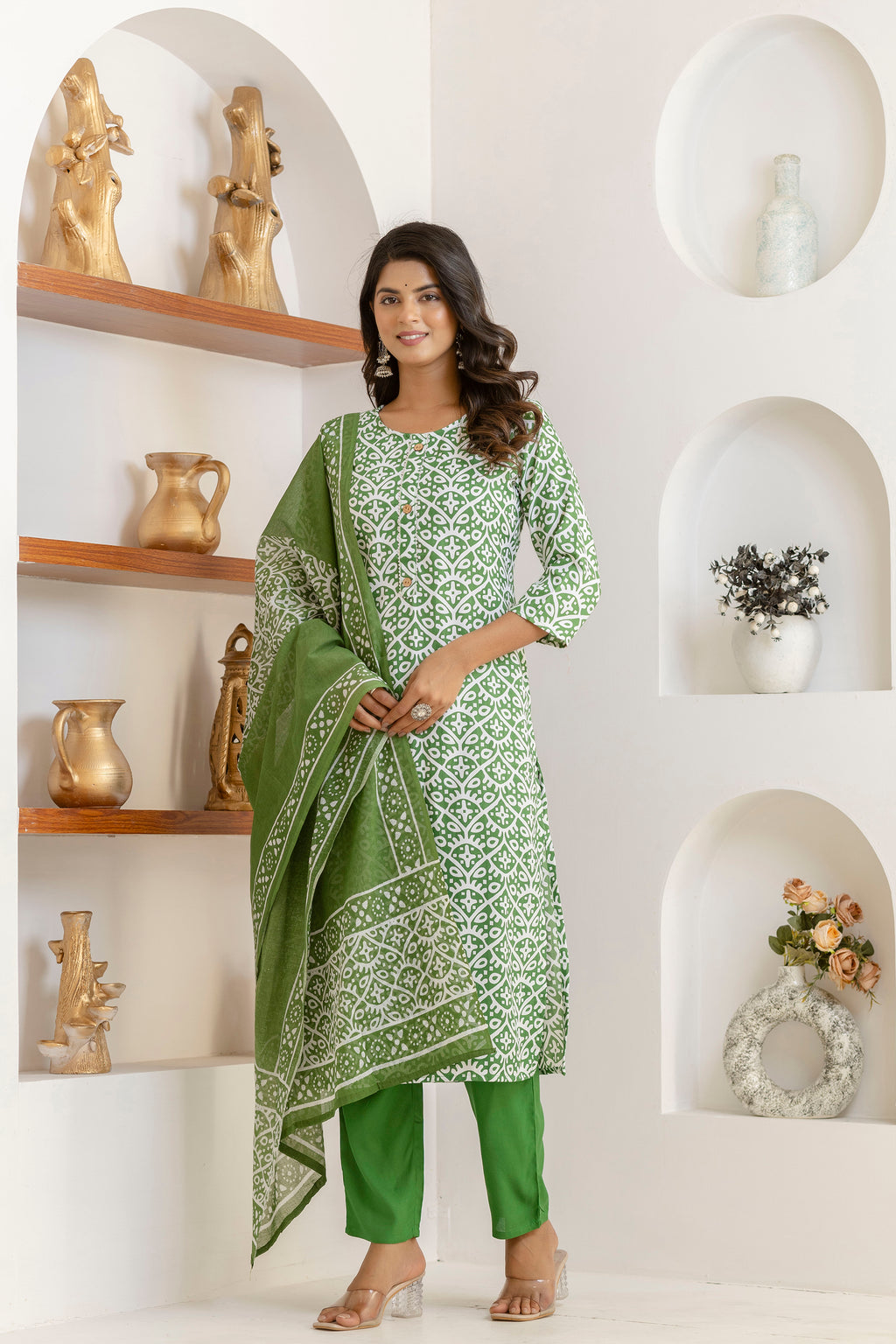 Green Tie Premium cotton Printed Kurti Pant Dupatta Set