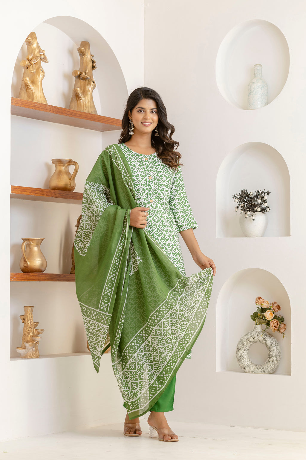 Green Tie Premium cotton Printed Kurti Pant Dupatta Set