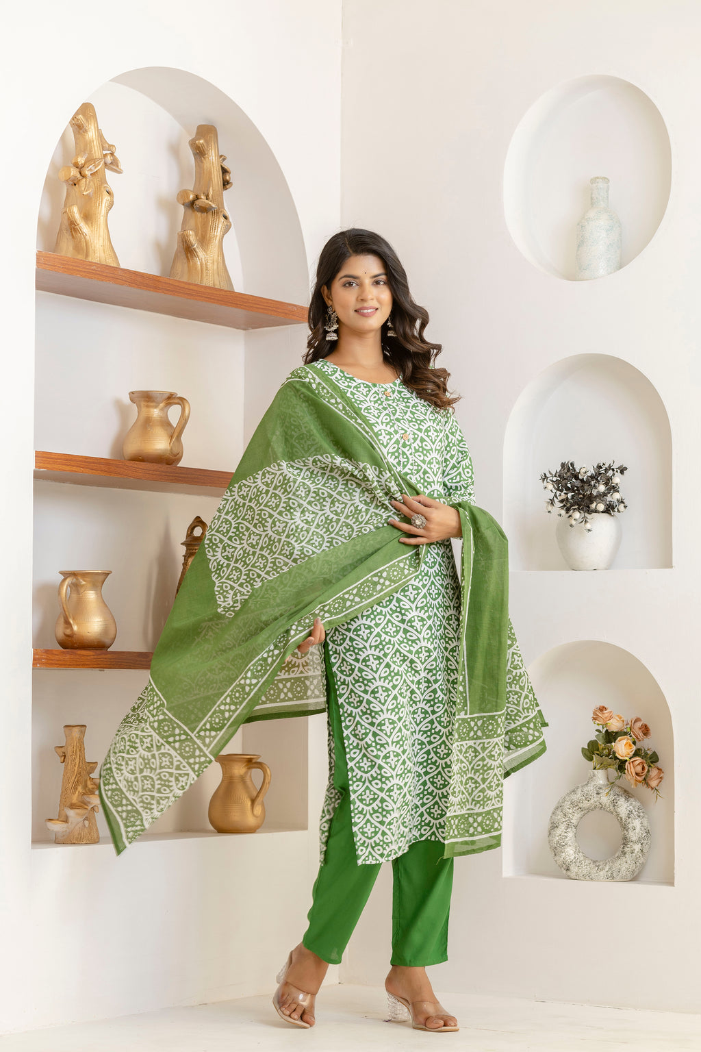 Green Tie Premium cotton Printed Kurti Pant Dupatta Set
