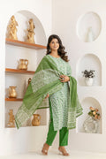 Green Tie Premium cotton Printed Kurti Pant Dupatta Set