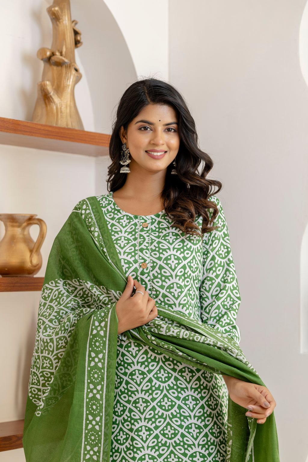 Green Tie Premium cotton Printed Kurti Pant Dupatta Set