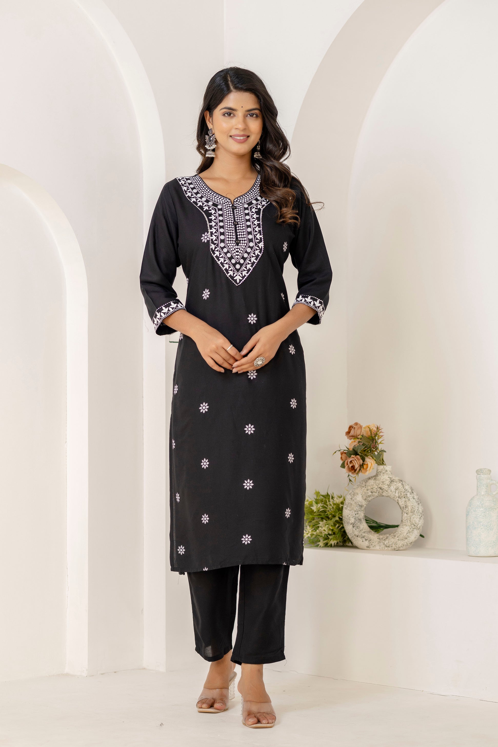 Black Embroidery Premium cotton Kurti Pant Dupatta Set