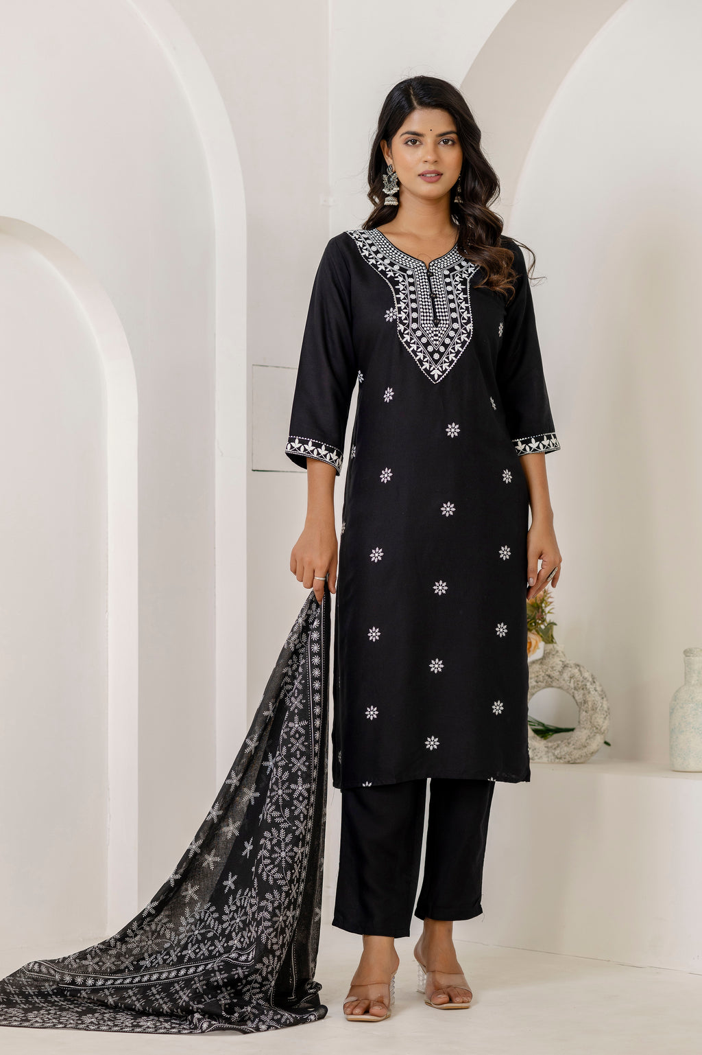 Black Embroidery Premium cotton Kurti Pant Dupatta Set