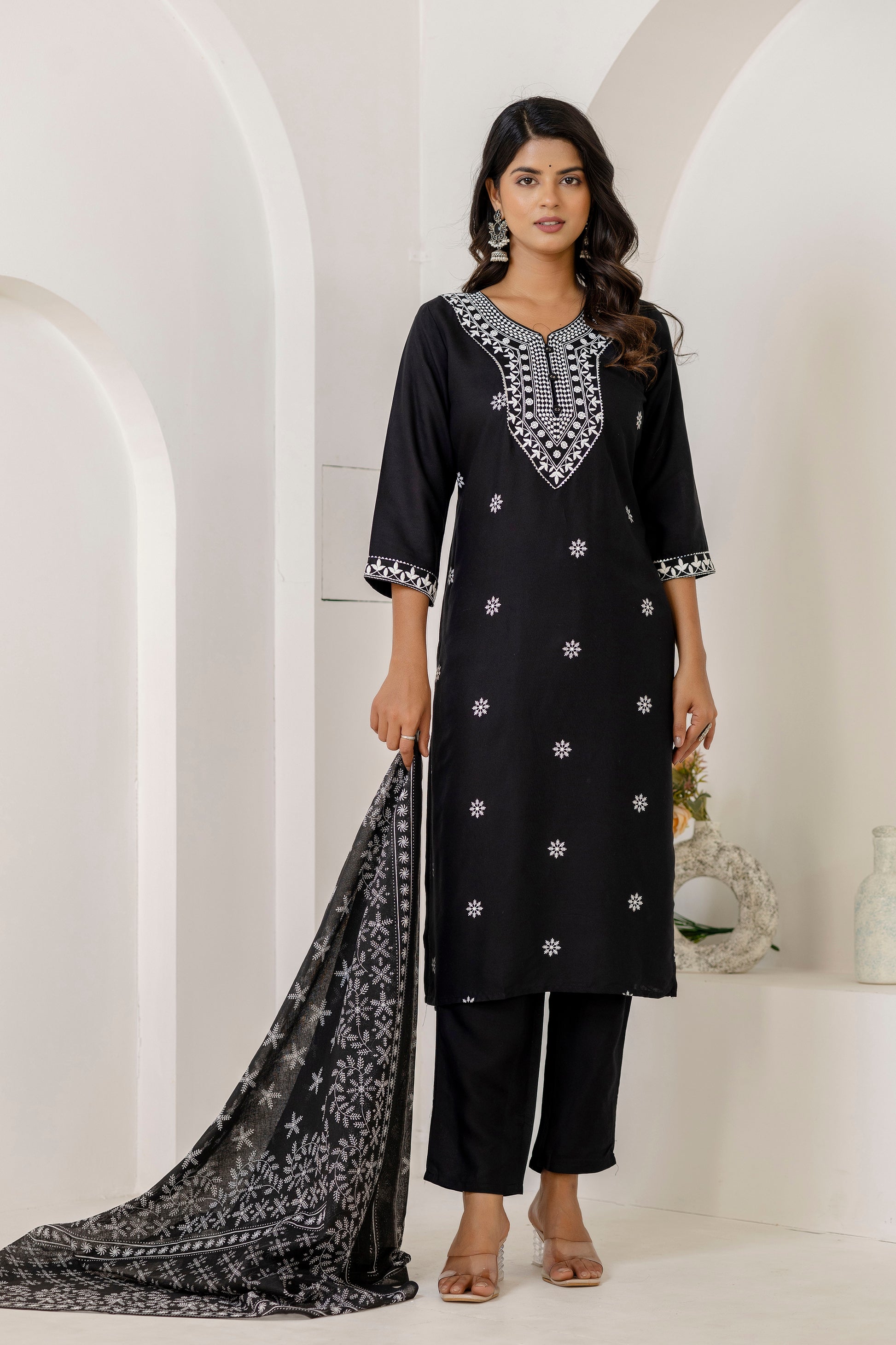 Black Embroidery Premium cotton Kurti Pant Dupatta Set