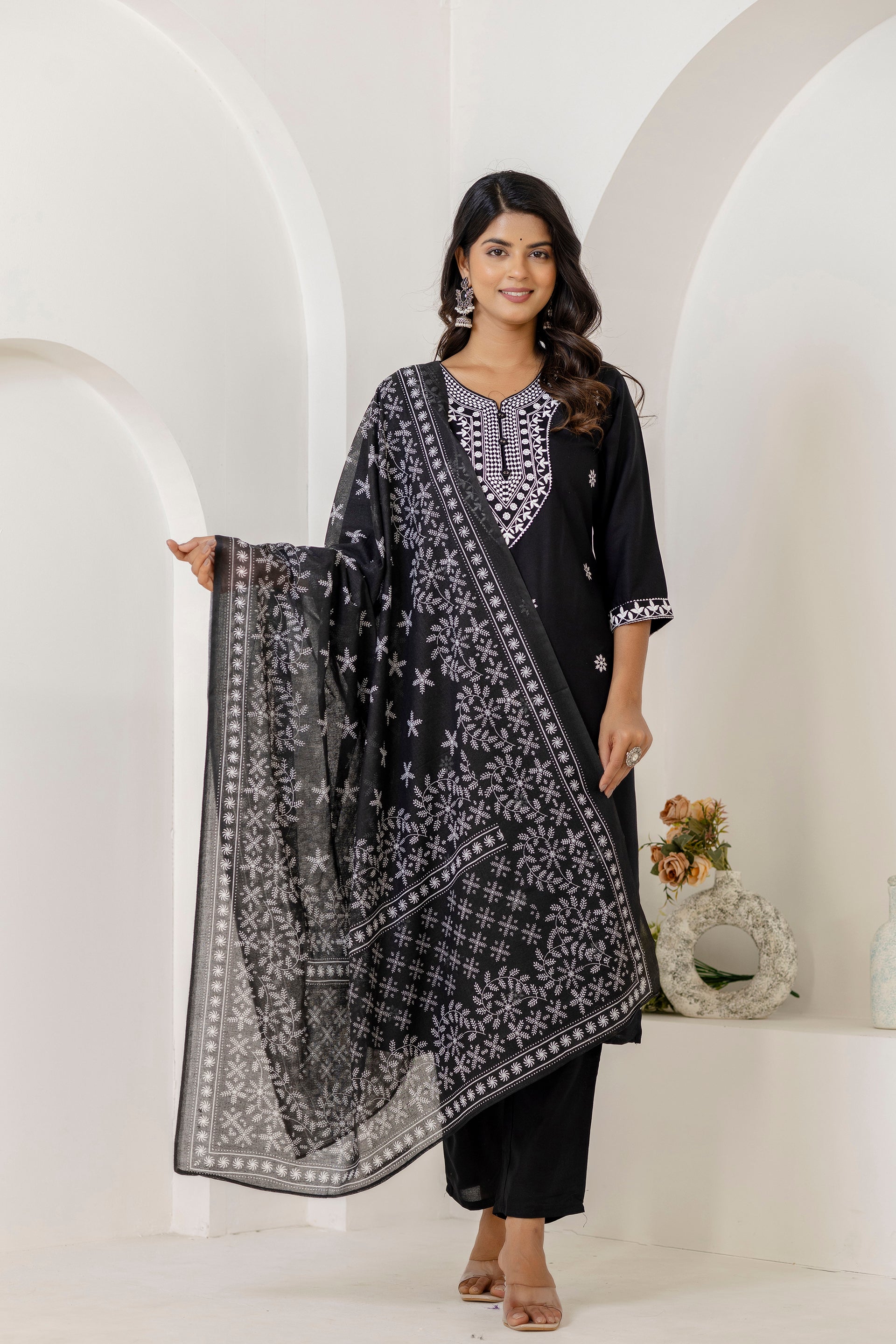 Black Embroidery Premium cotton Kurti Pant Dupatta Set