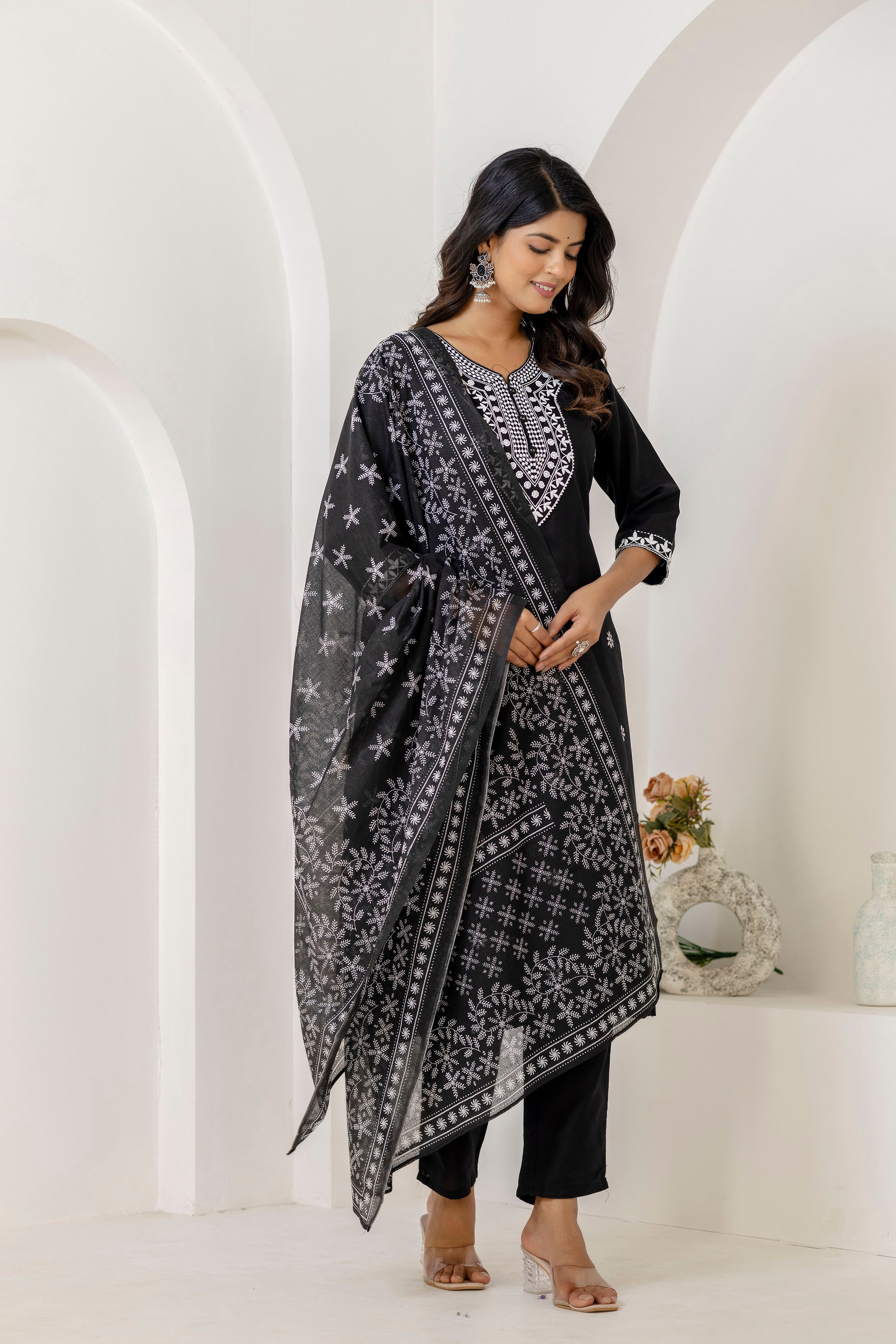 Black Embroidery Premium cotton Kurti Pant Dupatta Set