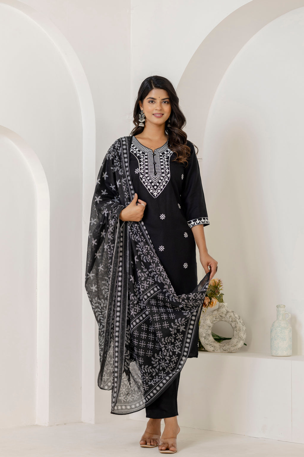 Black Embroidery Premium cotton Kurti Pant Dupatta Set