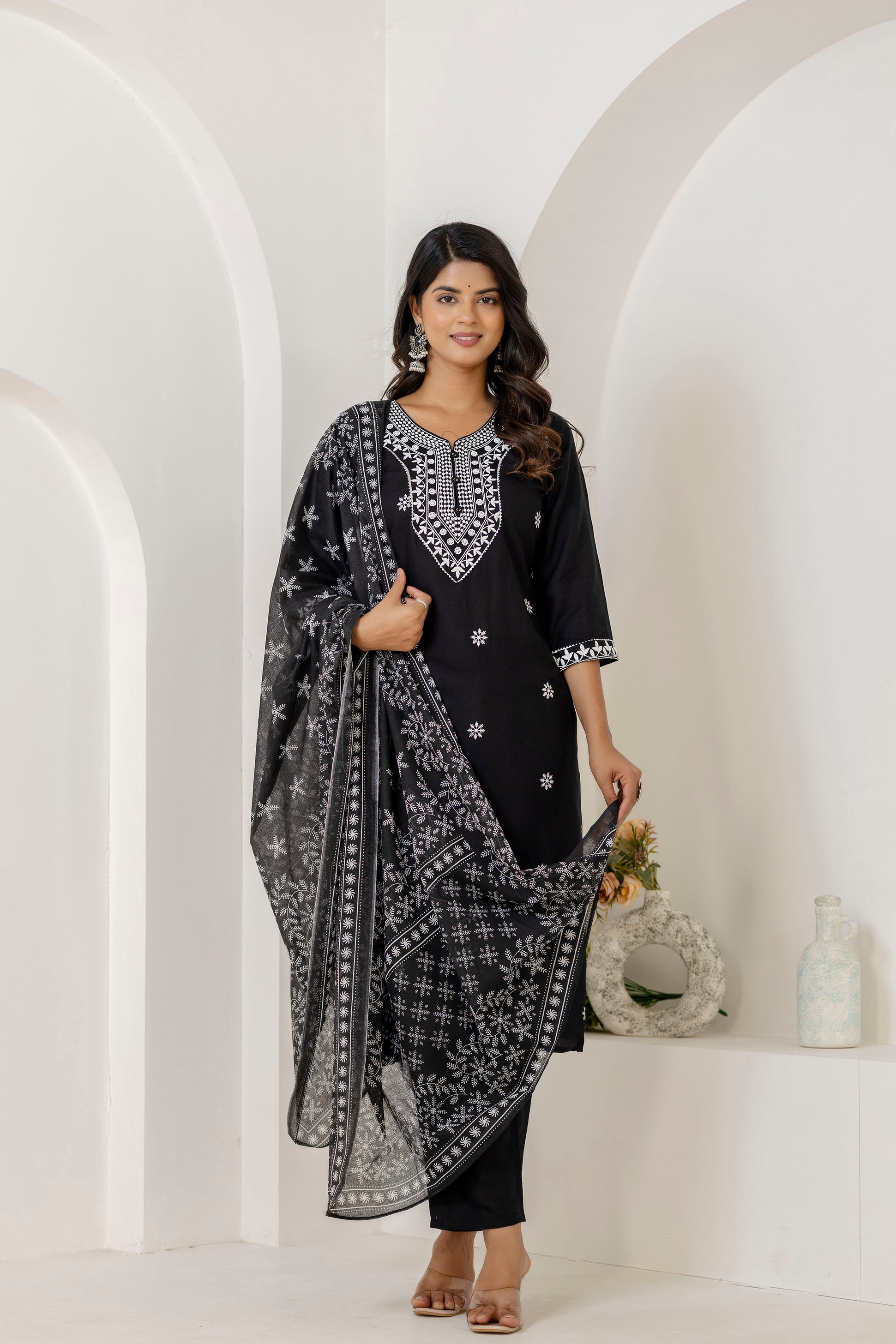 Black Embroidery Premium cotton Kurti Pant Dupatta Set