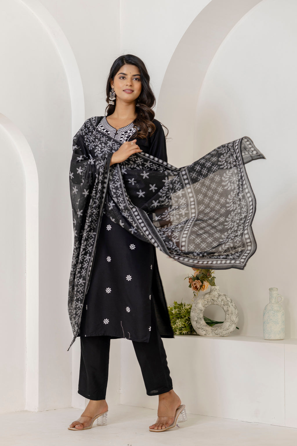 Black Embroidery Premium cotton Kurti Pant Dupatta Set
