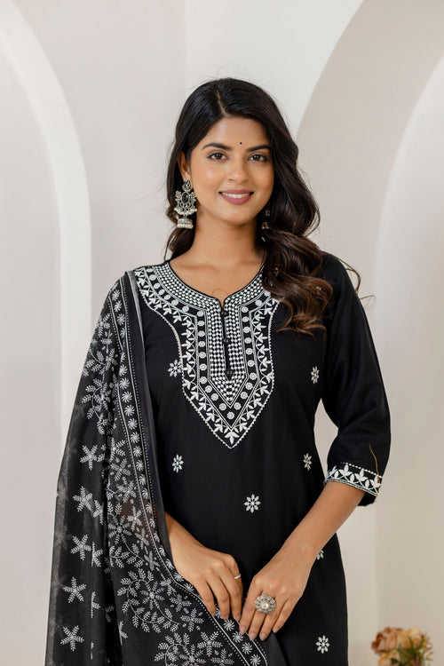 Black Embroidery Premium cotton Kurti Pant Dupatta Set