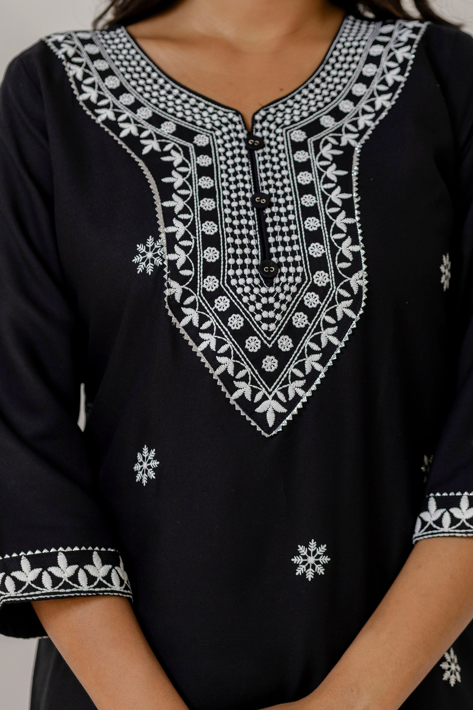 Black Embroidery Premium cotton Kurti Pant Dupatta Set