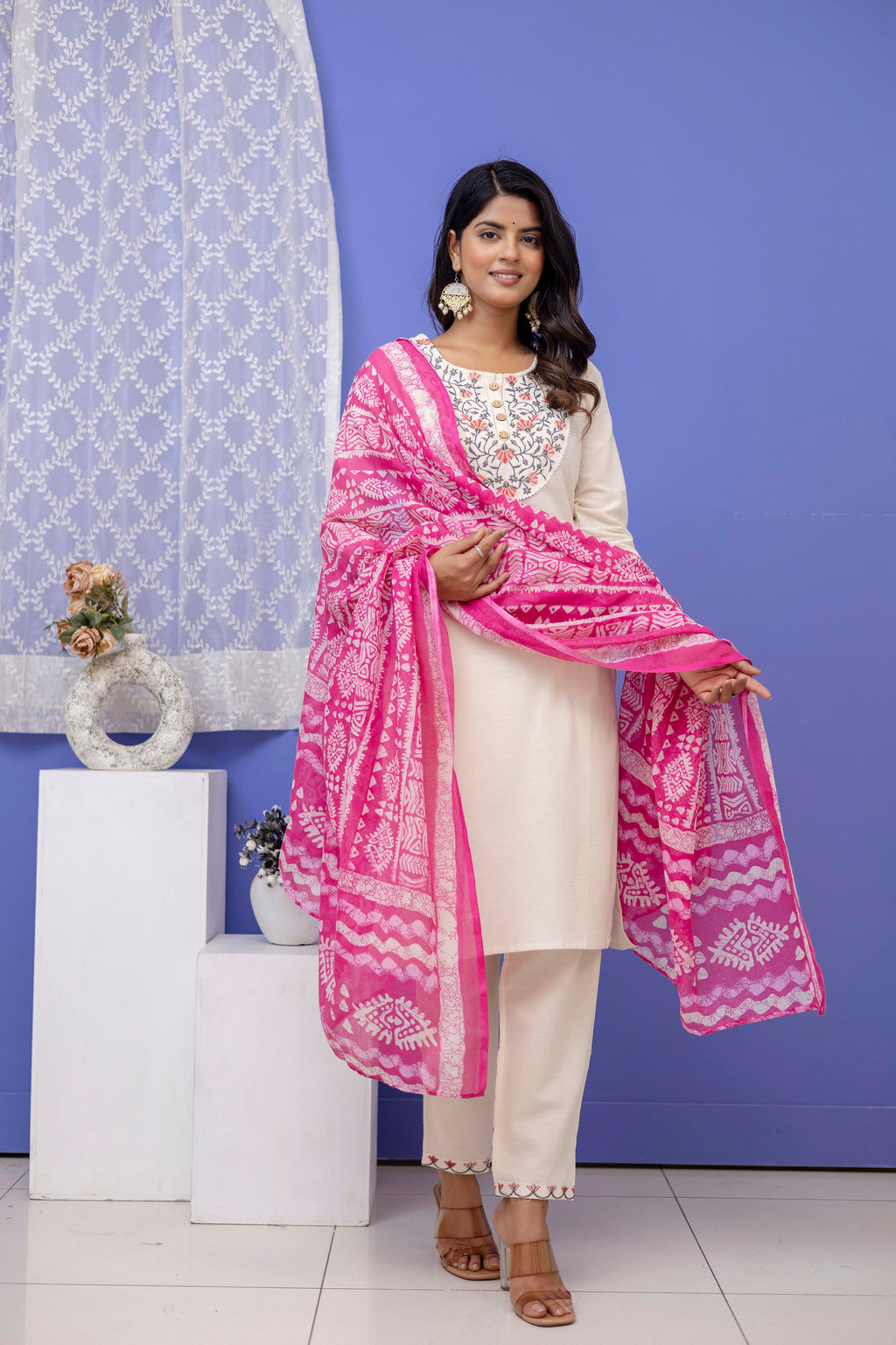 Khaddi Cotton Kurti Pant Dupatta Set (Plus Sizes Available)