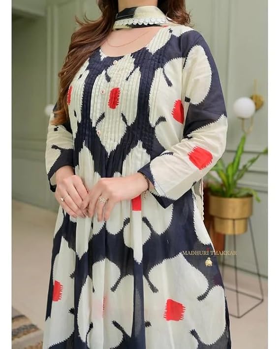 Women's Heavy cotton Floral Printed Round Neck Kurti with Pants and Dupatta Set(Black)