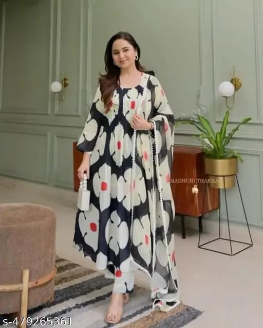 Women's Heavy cotton Floral Printed Round Neck Kurti with Pants and Dupatta Set(Black)