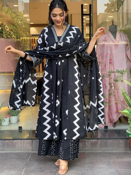 Geometric Printed Notch Neck Pleated A-Line Kurta With Trouser And Dupatta