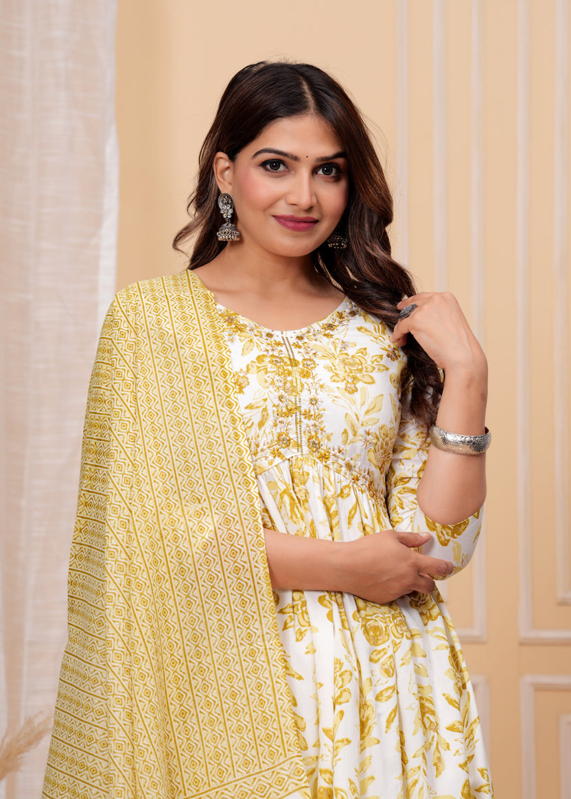 Women Viscose Rayon Kurta Pant Dupatta Set Yellow