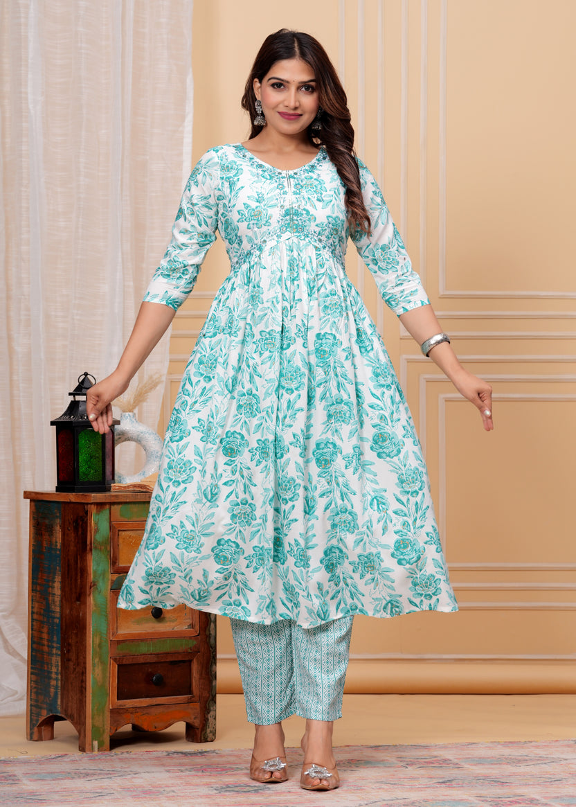 Women Rayon Kurta Pant Dupatta Set Sky Blue