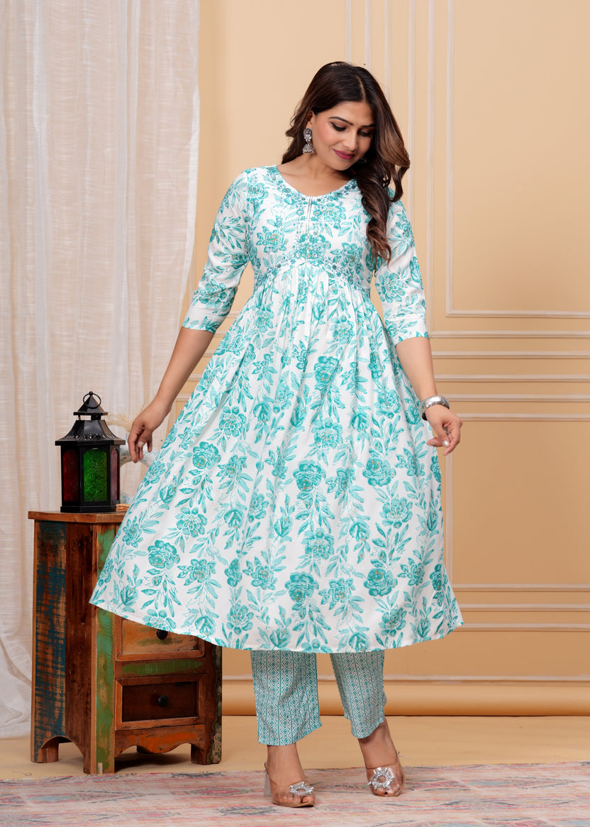 Women Rayon Kurta Pant Dupatta Set Sky Blue