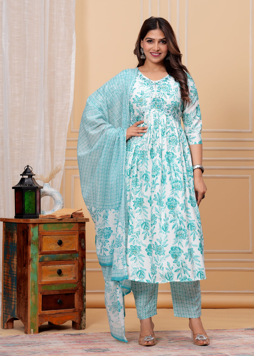 Women Rayon Kurta Pant Dupatta Set Sky Blue