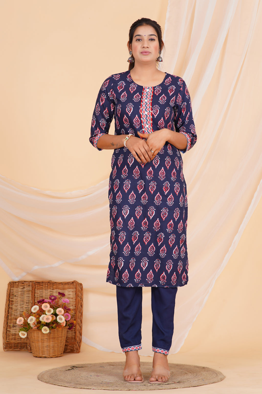 Blue Tie Premium cotton Printed Kurti Pant Dupatta Set