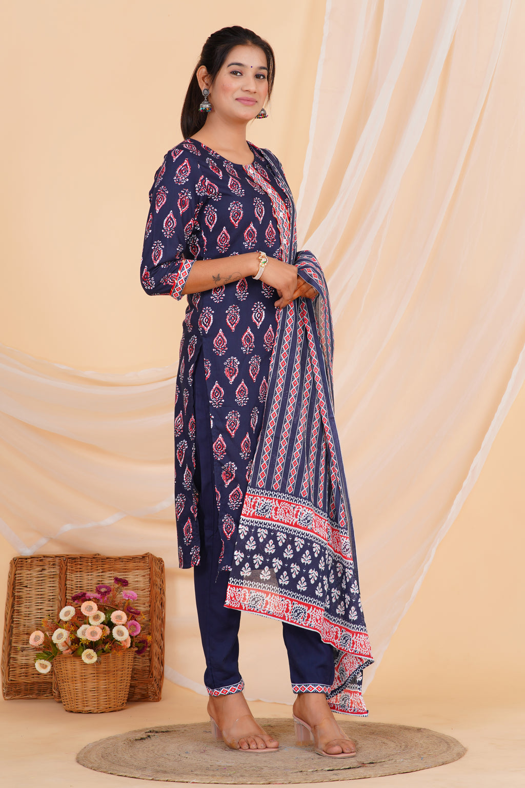 Blue Tie Premium cotton Printed Kurti Pant Dupatta Set
