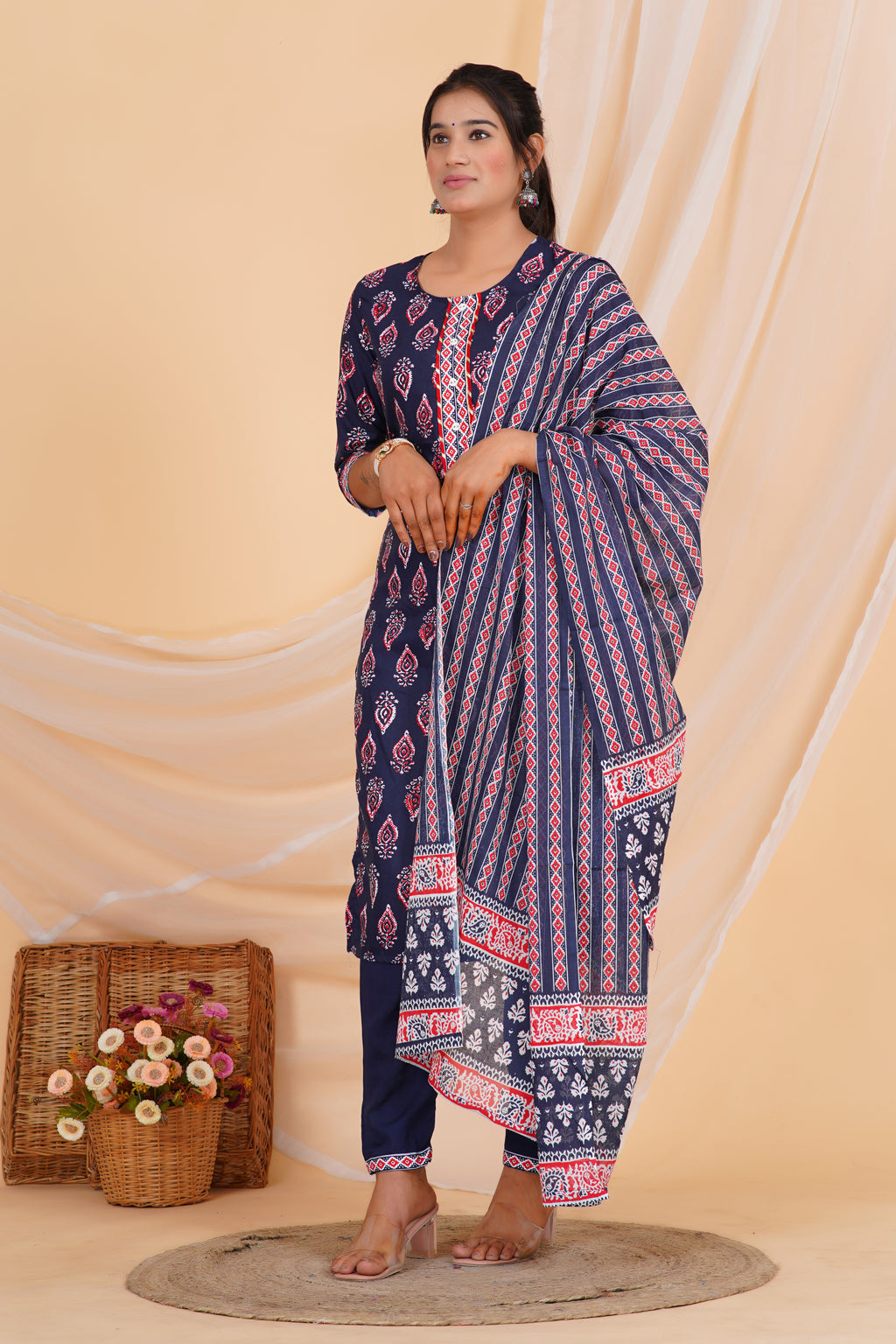 Blue Tie Premium cotton Printed Kurti Pant Dupatta Set